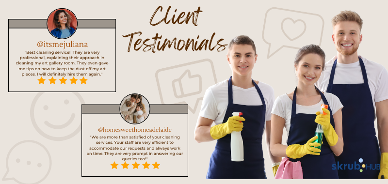 Group of professional cleaners with their glowing client's testimonials