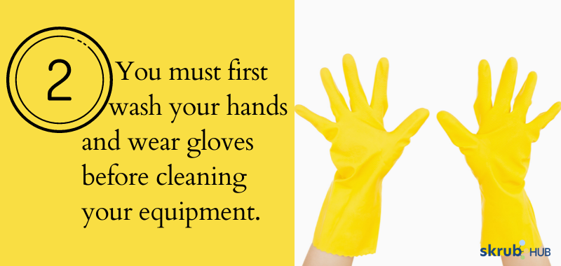 Wash your hands and wear gloves because you will be handling dirty equipment used to clean the whole office